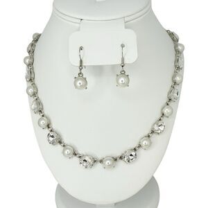 Crystal White Pearl  Formal Jewelry Set 21" Necklace Earrings Wedding Jewelry